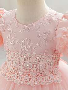 Glamorique Kids 公主 Tutu 網紗女童禮服，兒童生日表演正式長裙，新生兒短袖，新娘寶寶派對花童冬季紅色 - 粉色 - 查看 7