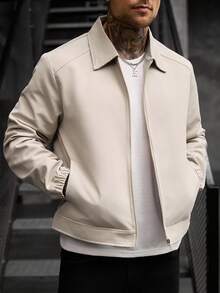 Manfinity Homme Men's Solid Color Zipper Casual Versatile Daily Wear Long Sleeve Jacket - Khaki - View 5