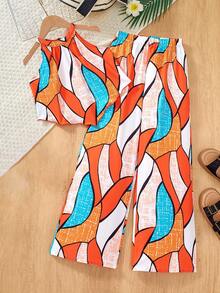 SHEIN Sparklyn Tween Girls 2pcs/Set Summer Holiday Set,White Geometric Pattern Backless Pleated Top & Wide-Leg Pants,Funny Vacation Beach Outfits For Family Parties - Multicolor - View 8