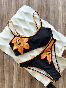 Swim Mod 女款兩件式泳衣套裝，花卉印花，細肩帶，露背，夏季度假海灘 - 彩色 - 查看 3