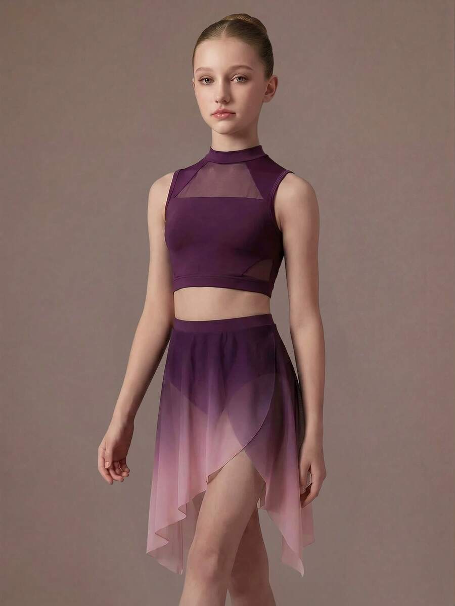 SHEIN 青少年女孩網格拼接立領上衣與漸層色裙子休閒日常運動套裝返校大學風 - 紫色 - 查看 1