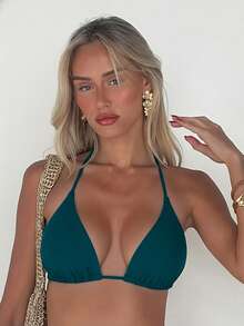 Swim Basics Women's Solid Color Halter Neck Tie Bikini Top For Beach Vacation - Teal Blue - View 3