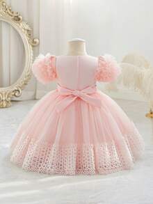 Glamorique Kids 公主 Tutu 網紗女童禮服，兒童生日表演正式長裙，新生兒短袖，新娘寶寶派對花童冬季紅色 - 粉色 - 查看 3