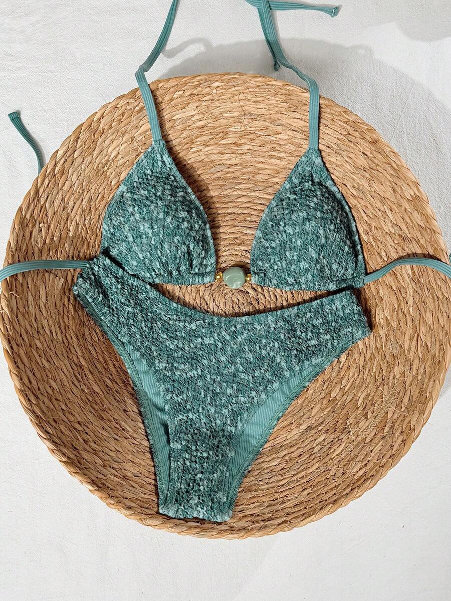 Swim Mod 2026 Spring/Summer Green Triangle Cup Textured Bubble Crinkle Fabric Jade-Like Finish Decorative Buckle Gold Bead Embellished High-Cut Sexy Bikini For Women, Suitable For Beach, Pool, And Seaside - Green - View 1