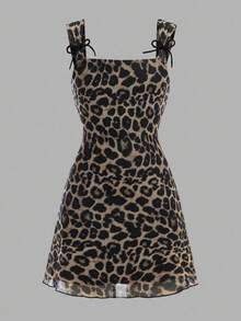 SHEIN Tween Girl Bow Accent Leopard Print Sleeveless Crew Neck Fitted Dress - Brown - View 2