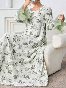 Al Najma Plus Size Women's Floral Print Ruffle Flare Sleeve Dress - Green - View 4