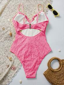 Swim Vcay Women's Textured Fabric Drawstring Front One-Piece Swimsuit, Suitable For Summer Beach Vacation - Hot Pink - View 2