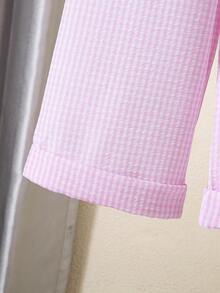 SHEIN Elladie kids 女童小格紋翻領鈕扣休閒襯衫與直筒長褲2件組，適合日常休閒出遊與上學 - 粉色 - 查看 6