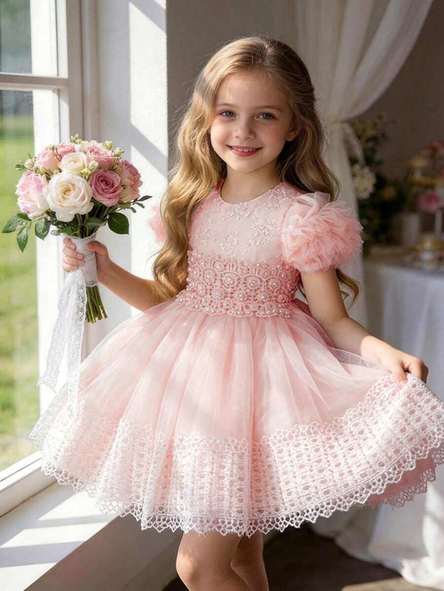 Glamorique Kids 公主 Tutu 網紗女童禮服，兒童生日表演正式長裙，新生兒短袖，新娘寶寶派對花童冬季紅色