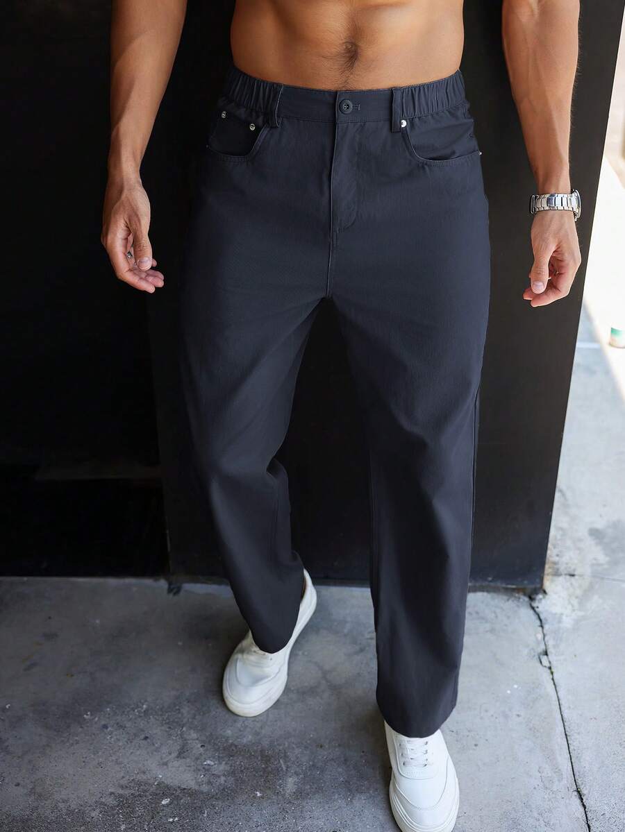 Manfinity Homme Men's Simple Front Button Pocket Casual Long Pants, Daily Wear, Fall - Navy Blue - View 1