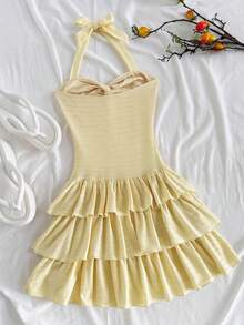 SHEIN Yellow Halter Layered Tween Summer Dress With Tiered Hem Babydoll Aesthetic Dresses For Picnic Ruffle Baby Doll - Yellow - View 2