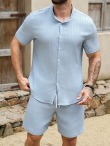 VENTUSAIL 男士度假單排扣短袖街頭襯衫與口袋抽繩腰鬆身短褲套裝 - 霧霾藍 - 查看 4