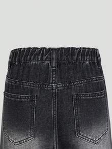 SHEIN 女童牛仔短褲，夏季新品，復古水洗彈性腰寬鬆直筒毛邊休閒牛仔短褲，Y2K街頭風，黑色舒適純棉牛仔，適合校園穿搭、夏季度假、日常出行、戶外、派對等多種場合 - 黑色 - 查看 7