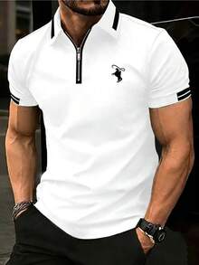 Manfinity Homme Camisa polo de manga corta para hombre talla grande con estampado gráfico de caballero, media pechera con cremallera, rayas y color de contraste - Blanco - Ver 1