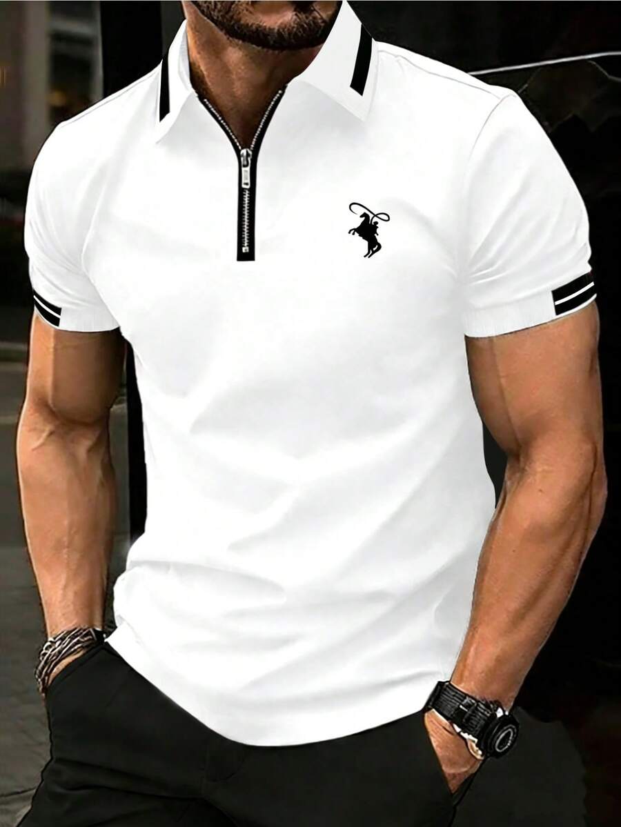 Manfinity Homme Camisa polo de manga corta para hombre talla grande con estampado gráfico de caballero, media pechera con cremallera, rayas y color de contraste - Blanco - Ver 1