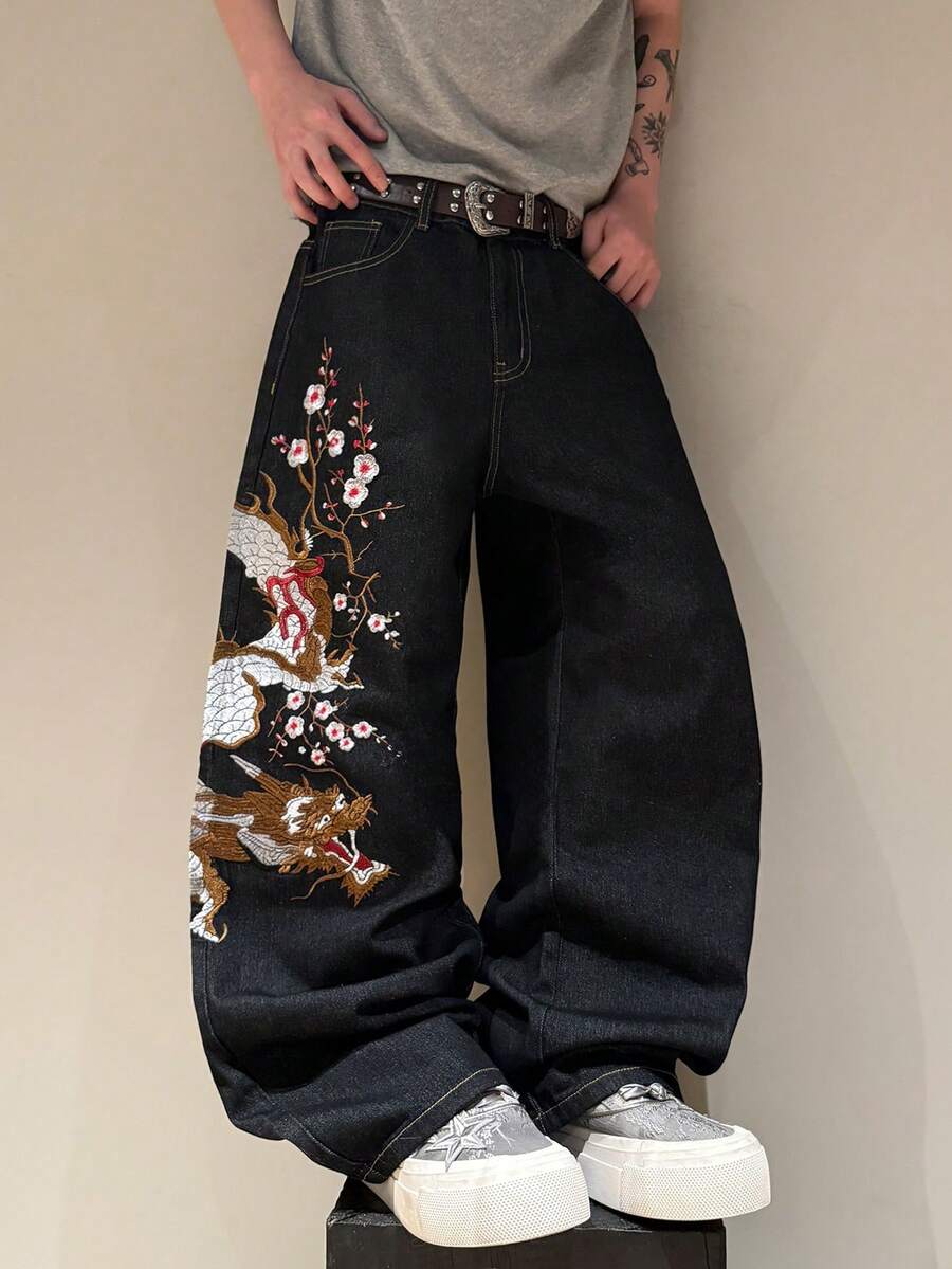 STEELVANCE 街頭風復古時尚百搭刺繡設計寬鬆直筒寬腿休閒牛仔長褲 - 黑色 - 查看 1