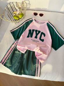 Elladie kids 少女圓領對比色字母圖案短袖T恤與短褲休閒套裝 - 彩色 - 查看 5