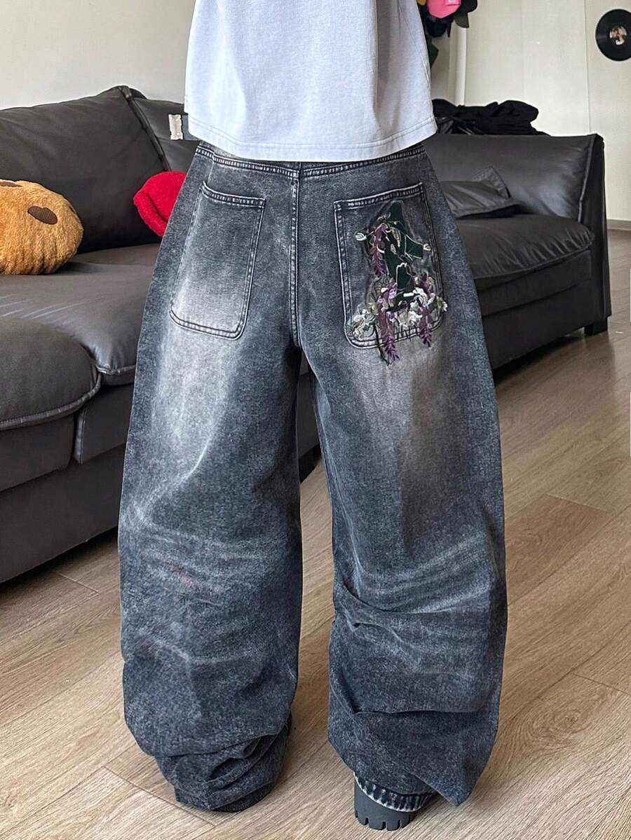 STEELVANCE Jeans de mezclilla casuales de pierna recta holgada y pierna ancha con diseño de bordado de bigotes de gato con tachuelas en el bolsillo trasero, estilo retro versátil y desgastado de estilo callejero - Negro - Ver 1