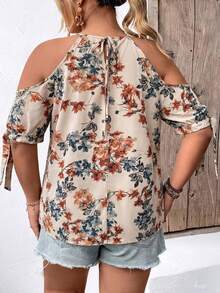 SHEIN CURVE+ Plus Size Women's Off-Shoulder Bow-Tie Printed Casual Blouse Vacation Beige Summer - Multicolor - View 8