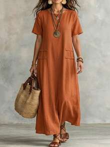 EMERY ROSE Rust Orange,Autumn,Boho,Vacation,Wedding Ninang,Holiday Loose Fit Solid Color Dress,Flowy Linen-Look Elegant Outfit Creative Market Stall - Orange - View 5