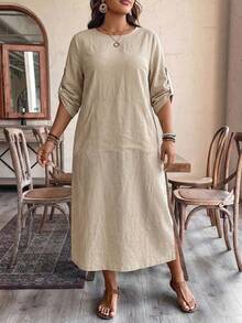 EMERY ROSE Plus Size Women's Casual Loose Linen Dress, Beige Summer Boho Vacation Dress With Rollup Sleeves, Elegant Minimalist Slouchy Holiday - Khaki - View 4