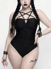 ROMWE Goth 2026春夏大尺碼露背泳裝，純色哥德風交叉前領式女款一件式泳衣套裝 - 黑色 - 查看 3