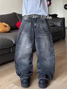 STEELVANCE Jeans de mezclilla casuales de pierna recta holgada y pierna ancha con diseño de bordado de bigotes de gato con tachuelas en el bolsillo trasero, estilo retro versátil y desgastado de estilo callejero - Negro - Ver 3