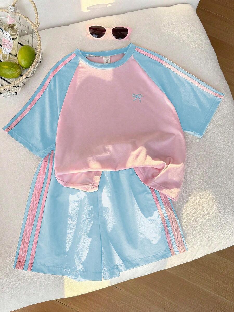 SHEIN 青少年女孩蝴蝶結圖案印花條紋拼接圓領T恤與休閒短褲套裝 - 彩色 - 查看 1