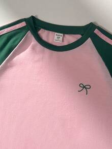 SHEIN 女童夏季休閒 T-shirt 套裝 紫綠配色 美式復古數字印花 羅紋領 羅根袖上衣 長褲 2 件套 7 歲生日 - 彩色 - 查看 3