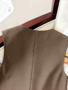 SHEIN Clasi Plus Size Women Summer Elegant Gold Button Sleeveless Blazer Vest,Brown Smart Casual Office Professional Suits,Autumn Chinese Style Top - Brown - View 3