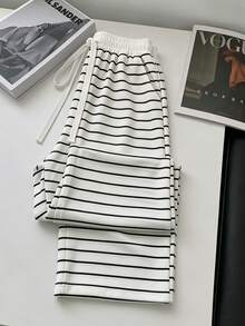GlowEve Pantalon long à jambes larges pour femmes, taille à cordon de serrage, patchwork rayé, décontracté, polyvalent, pour sorties quotidiennes - Blanc - Voir 1