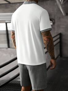 Manfinity CasualCool Men's Plaid Colorblock Short Sleeve Polo Shirt And Drawstring Shorts Set Golf Grey Plaid Summer Casual Old Money Gift Vacation Holiday  Streetwear - Multicolor - View 2