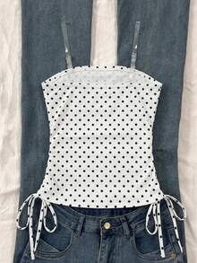 Sparklyn Tween Girl Polka Dot Print Side Drawstring Transparent Strap Camisole - Black and White - View 2