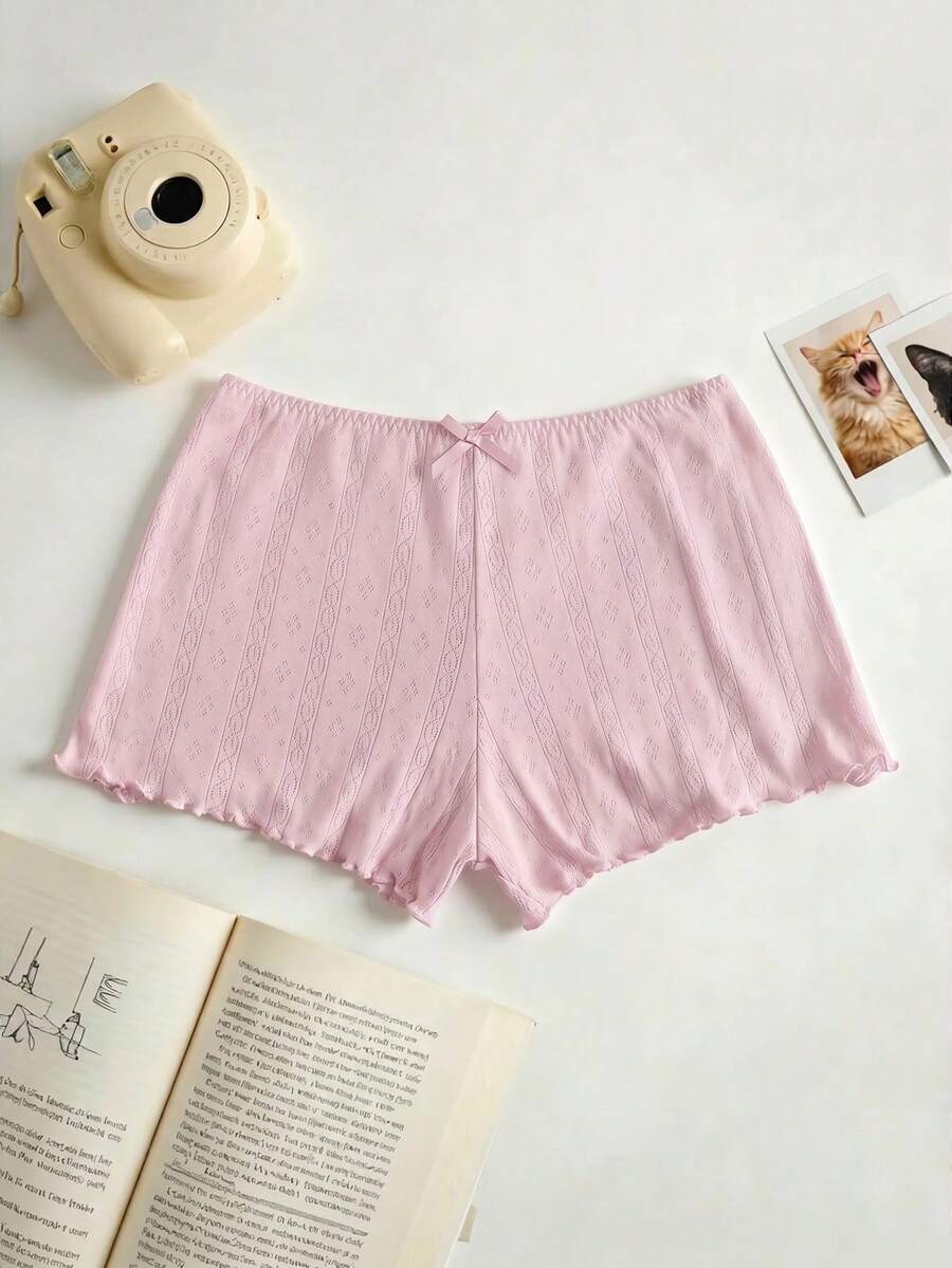 Lowkey Lull 100% Cotton Ruffle Edge Textured Fabric Bow Daily Casual Comfortable EasyComfort Women's Safety Pants - Pink - View 1