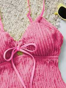 Swim Vcay Women's Textured Fabric Drawstring Front One-Piece Swimsuit, Suitable For Summer Beach Vacation - Hot Pink - View 6