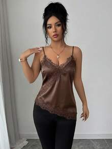 Rafferiza Women's Elegant French Lace Patchwork Camisole - Rust Brown - View 4