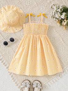 SHEIN Girls' Yellow Plaid Daisy Print Bow Shoulder Strap Summer A-Line Dress, Sweet And Cute Casual - Yellow - View 2
