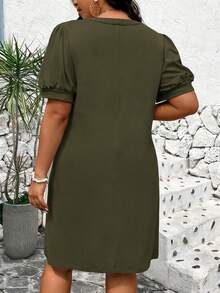 EMERY ROSE Plus Size Women's Solid Color Pleated Vacation Dress For Beach - Army Green - View 2