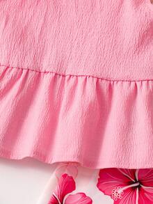 SHEIN Genkimix Kids 女童夏季印花細肩帶上衣＋寬腿褲 2件套，親膚甜美可愛，適合 4-7 歲女孩，適合戶外玩耍 - 彩色 - 查看 4