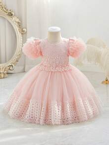Glamorique Kids 公主 Tutu 網紗女童禮服，兒童生日表演正式長裙，新生兒短袖，新娘寶寶派對花童冬季紅色 - 粉色 - 查看 6