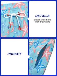 Manfinity Swimmode Men's Colorful Starfish Pattern Drawstring Waist Fashion Beach Shorts Holiday / Vacation / Beach / Hawaii / Tropical / Swim /  Bathing - Baby Blue - View 7