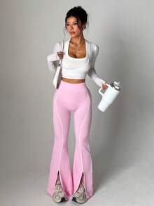 Dewbera Dewbera Pantalones deportivos sin costuras de color contrastante para mujer - Rosa - Ver 8