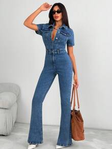 SHEIN 鈕扣前開中藍色水洗休閒時尚風格彈性舒適牛仔連身褲高個尺寸 - 中等水洗藍 - 查看 5