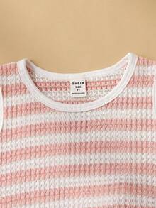 SHEIN 少女條紋拼接配色T恤短褲休閒日常套裝 - 粉色 - 查看 8