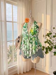 Comfortcana Top de mujer talla grande con cuello halter, lazo, volantes y corte en A, estampado de leopardo y patrón floral tropical, primavera/verano - Verde - Ver 3