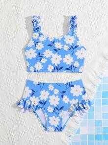 2pcs/Set Young Girl' Blue Floral Print Comfortable Knit Ruffled Swimwear Set, Suitable For Beach, Pool, Vacation, Summer, Travel - Multicolor - View 5