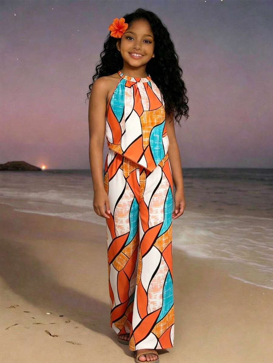 SHEIN Sparklyn Tween Girls 2pcs/Set Summer Holiday Set,White Geometric Pattern Backless Pleated Top & Wide-Leg Pants,Funny Vacation Beach Outfits For Family Parties