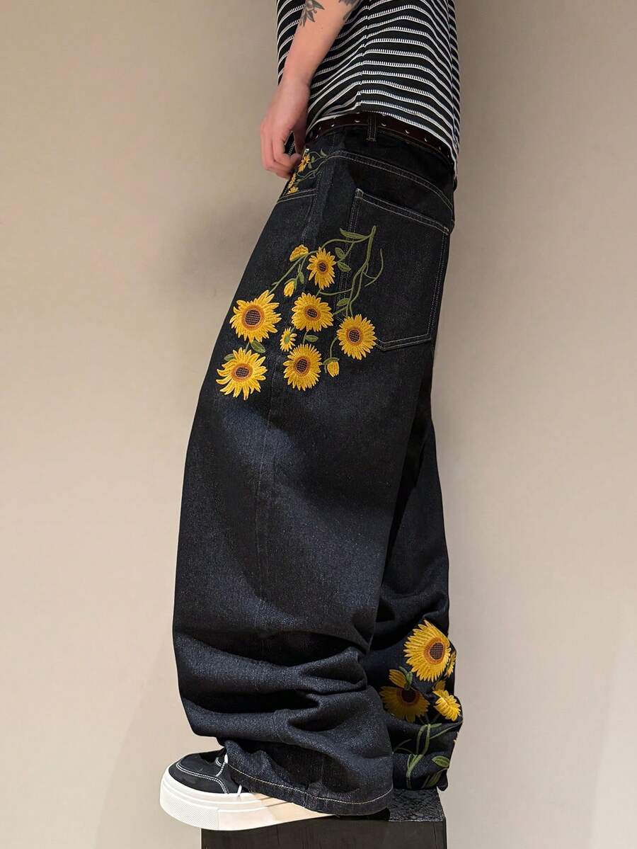 STEELVANCE Celana Jeans Denim Pria Model Saku Kancing Streetwear dengan Desain Bordir, Potongan Longgar dan Lebar - Hitam - View 1