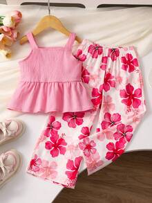 SHEIN Genkimix Kids 女童夏季印花細肩帶上衣＋寬腿褲 2件套，親膚甜美可愛，適合 4-7 歲女孩，適合戶外玩耍 - 彩色 - 查看 8