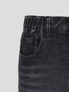 SHEIN 女童牛仔短褲，夏季新品，復古水洗彈性腰寬鬆直筒毛邊休閒牛仔短褲，Y2K街頭風，黑色舒適純棉牛仔，適合校園穿搭、夏季度假、日常出行、戶外、派對等多種場合 - 黑色 - 查看 6